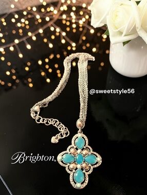 BRIGHTON "Nadia" Teal Agate, Turquoise, Gold, & Silver Arabesque Necklace CHIC!